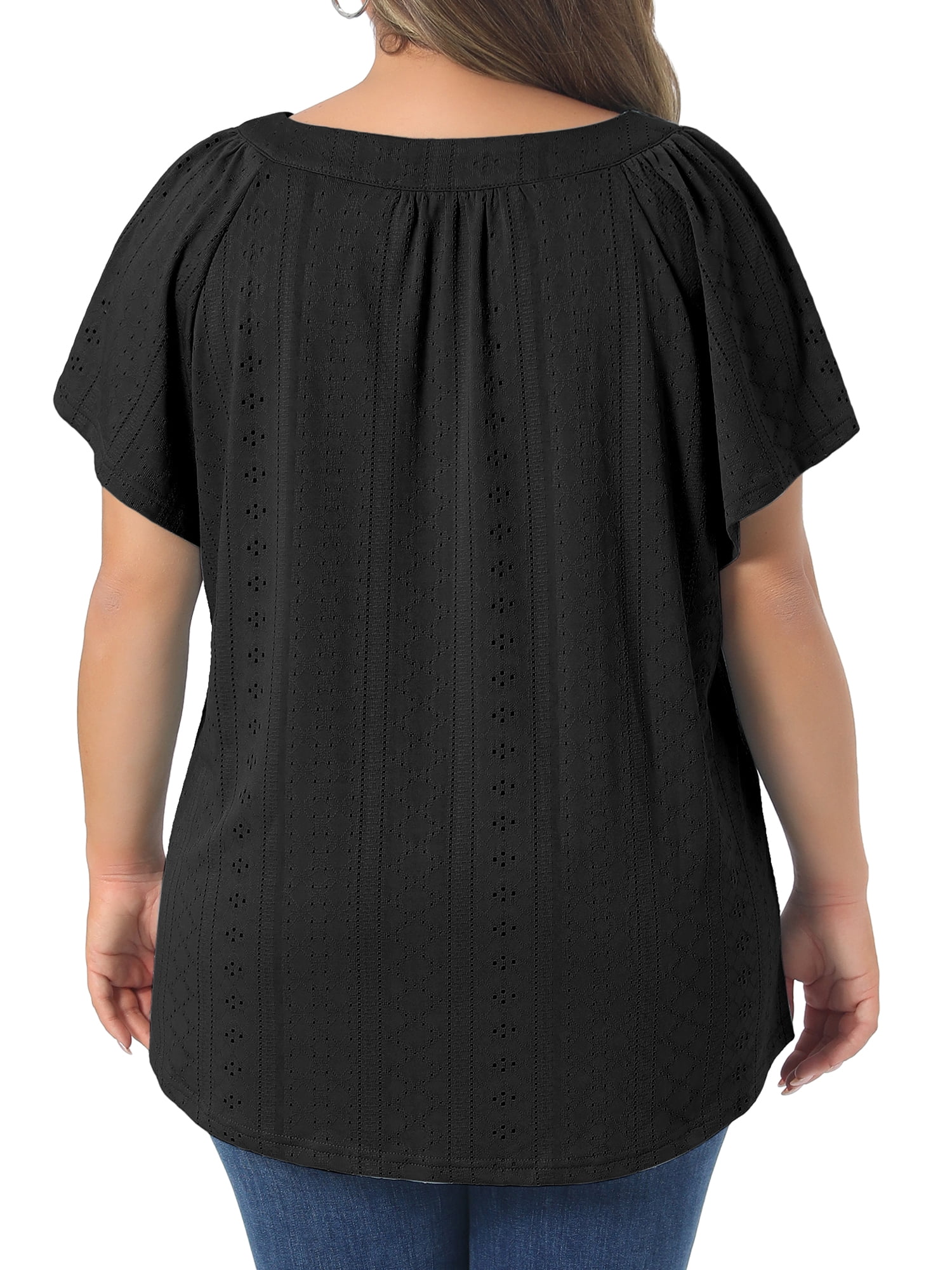 DARING DIVA Women's Plus V Neck  Eyelet Embroidery Casual V-Neck Blouse 1X Black