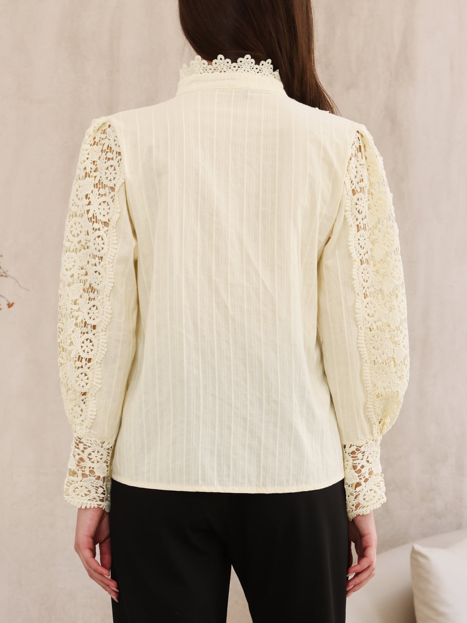 DARING DIVA Women's Lace Trim Top Victorian Long Sleeve Button Down Blouse 2XL Beige