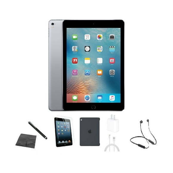 Remis à Neuf Apple iPad Pro 9.7 (1re Gén.) A1673 (Wi‐Fi) 128 Go Gris Cosmique Ensemble avec Étui, Casque Bluetooth, Verre Trempé, Stylet, Chargeur