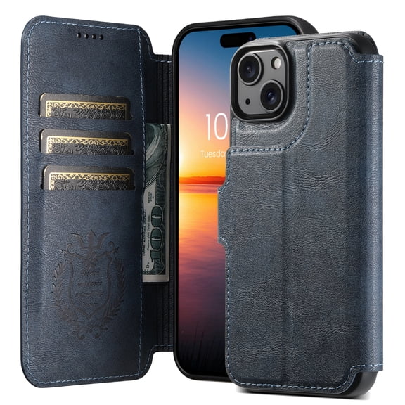 for iPhone 15 2-in-1 PU Leather Case, Detachable Wallet Case with Card Holder Stand, Removable Folio Protective Cover, Support Magnetic Car Mount, Magnetic Clasp, Shockproof Cover, Blue