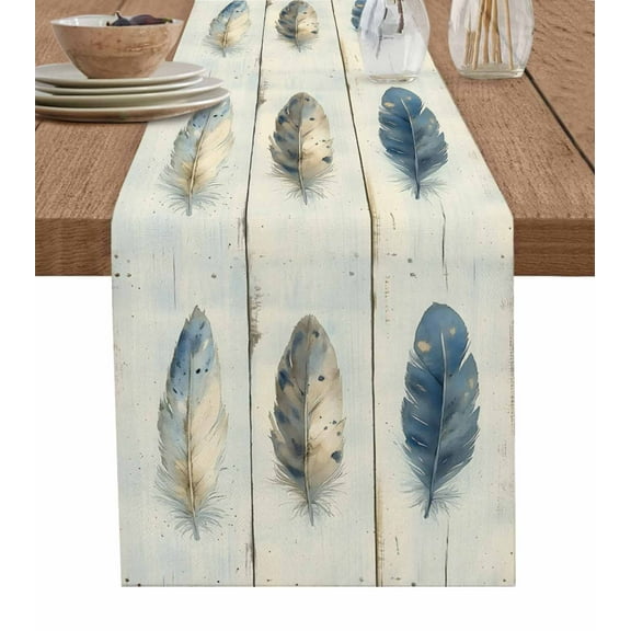 Blue Beige Feathers Burlap Cotton Table Runner 16x72 Inches Long, Vintage Native Ombre Wood Grain Farmhouse Table Runners, Outdoor Dining Tablecloths Decor for Baby Shower/Party/Wedding