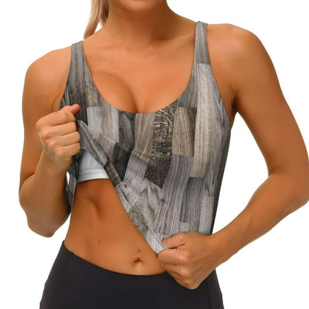 Qokaie Wooden Texture Pattern Womens Scoop Neck Sports Bra Breathable Workout Vest Padded U Back Medium Impact Fitness Gym Yoga Bra Workout Crop Top