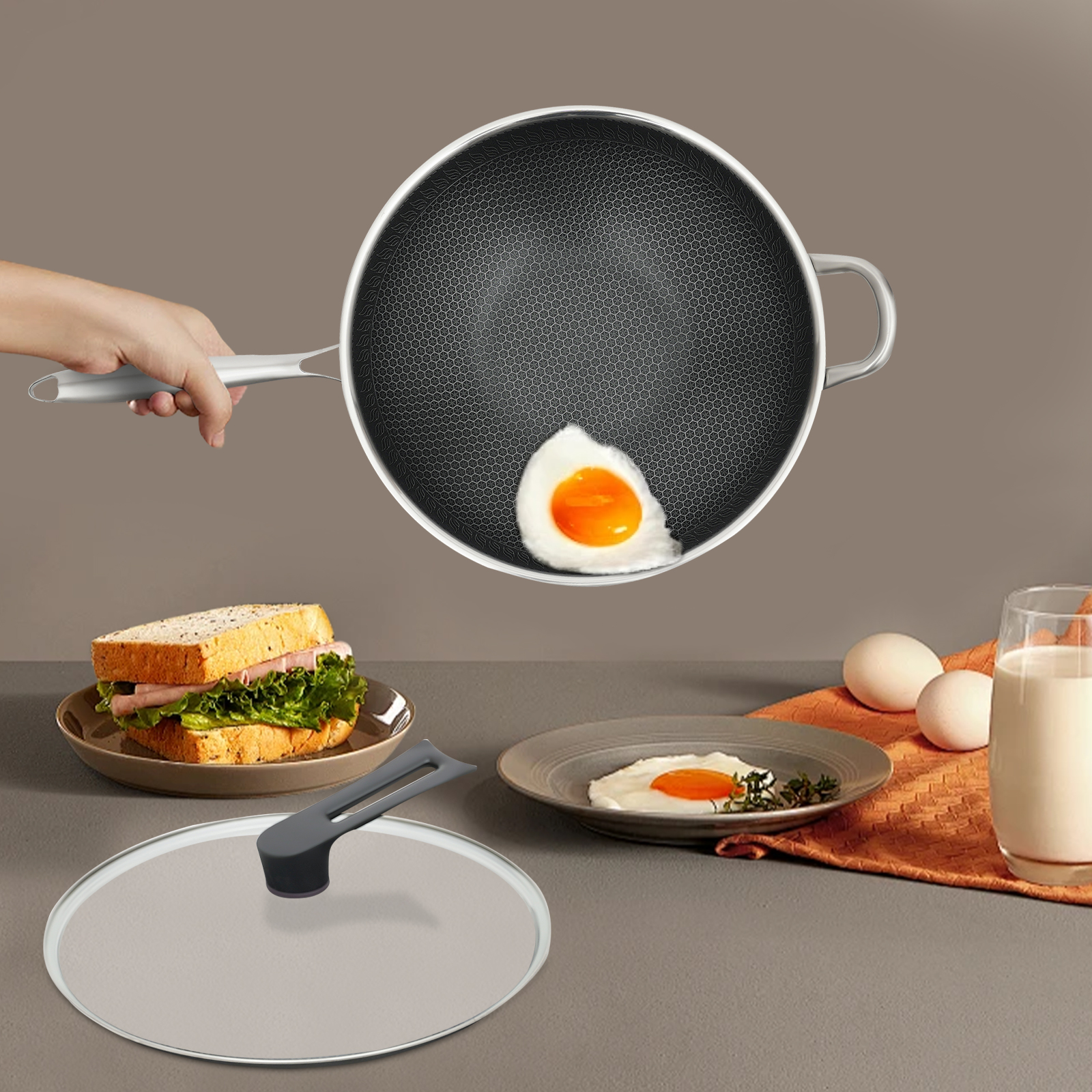 Miumaeov Double Sided Honeycomb Cooking Frying Pan Stainless Steel Non Stick w/ Glass Lid