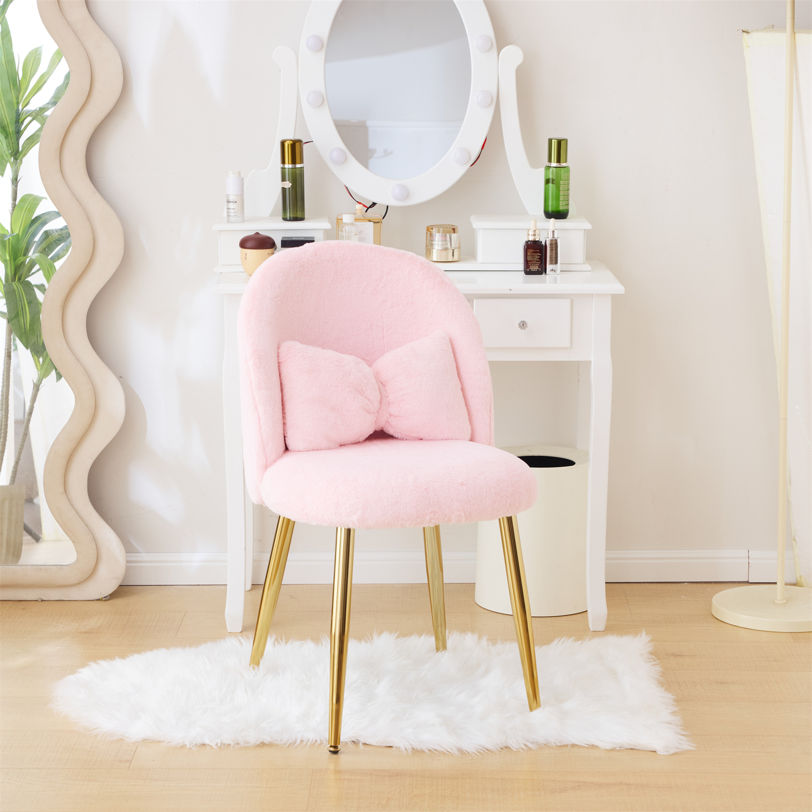 Ktaxon Vanity Makeup Chair Comfy Accent Chair Small Office Chair for Living Dining Room Bedroom Home Office Faux Rabbit Hair Pink