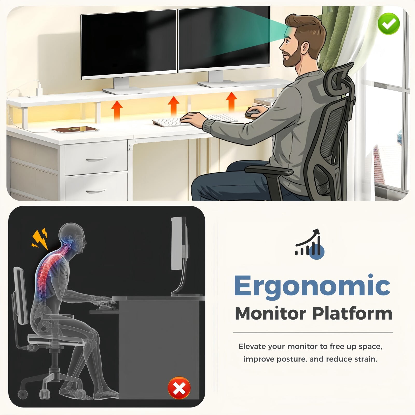 Kelno 40 Inch Computer Desk with 4 Drawers Power Outlets LED Lights Office Desk with Monitor Stand, White