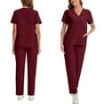 thumbnail image 4 of 2025 Womens Scrub Sets Stretch 2 Piece Uniforms Suit Nursing Fitted V Neck Top with Jogger Style Pants Red S, 4 of 4