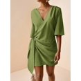 thumbnail image 6 of Green Linen V-Neck Wrap Mini Dress With Side Tie, Casual Summer Style, 6 of 8