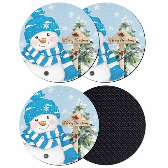 Blue Christmas Coasters Set of 4, Absorbent Coasters for Drinks, Winter Snowman Xmas Pine Tree Snowy Coaster for Desk Coffee Table Protection, Home Decor House Warming Gifts 4"