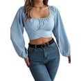 thumbnail image 2 of Women'S Ruched Wrap Square Neck Flounce Long Sleeve Self Tie Crop Top Blouse Light Blue M, 2 of 9
