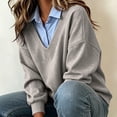 thumbnail image 6 of Ohufall Oversized Two-In-One Sweater for Women, Deep V Neck Built-In Collar Casual Layering Top, 6 of 6