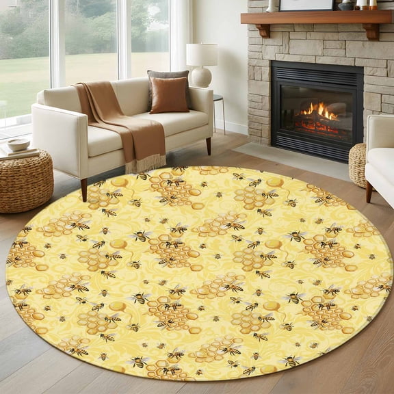 Round Rug 6Ft Washable Non-Slip, Summer Bees Circle Area Rugs for Living Room Bedroom, Pastoral Garden Yellow Honey Watercolor Indoor Floor Mats Carpet Runner for Home Decor Aesthetic