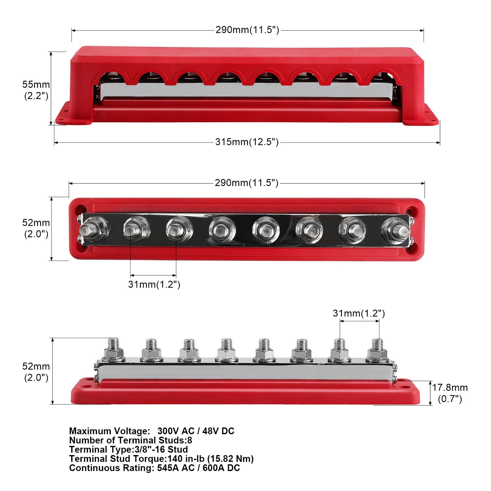 Marine Bus 48V with 3/8” Post Bus with Cover 600A Power Distribution Terminals Block for Car