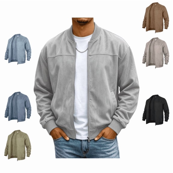 LNZGNM Men's Zip Up Bomber Jacket Casual Long Sleeve Crew Neck Coat with Baseball Collar and Pockets Fall Winter Outerwear Light Gray (XXL)