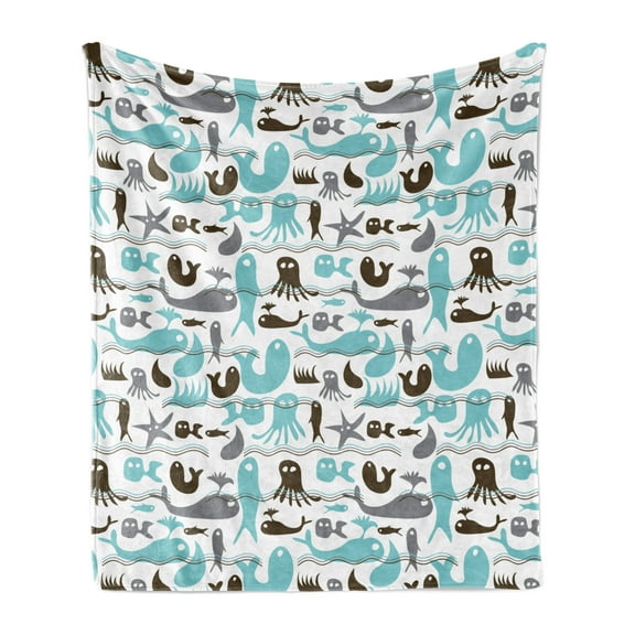 Whales Soft Flannel Fleece Throw Blanket, Rhythmic Jellyfish and Fish Animals Abstract Waves on Plain Backdrop, Cozy Plush for Indoor and Outdoor Use, 60" x 80", Seafoam and Dark Cocoa, by Ambesonne