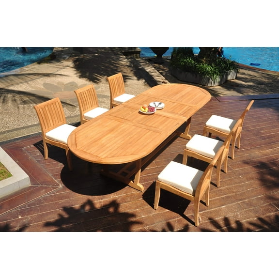 Grade-A Teak Dining Set: 6 Seater 7 Pc: 118" Double Extension Mas Oval Trestle Leg Table And 6 Lagos Armless Chairs Outdoor WholesaleTeak #WMLG41