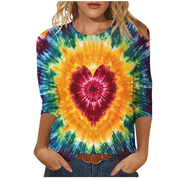 hopeusnice Fall Trendy Shirts 3/4 Sleeve Spring Tops Round Neck Tunic Tops Boho Blouses for Women Dressy Casual Loose Fit Floral Printed Lightweight Basic Tees Hot Pink S
