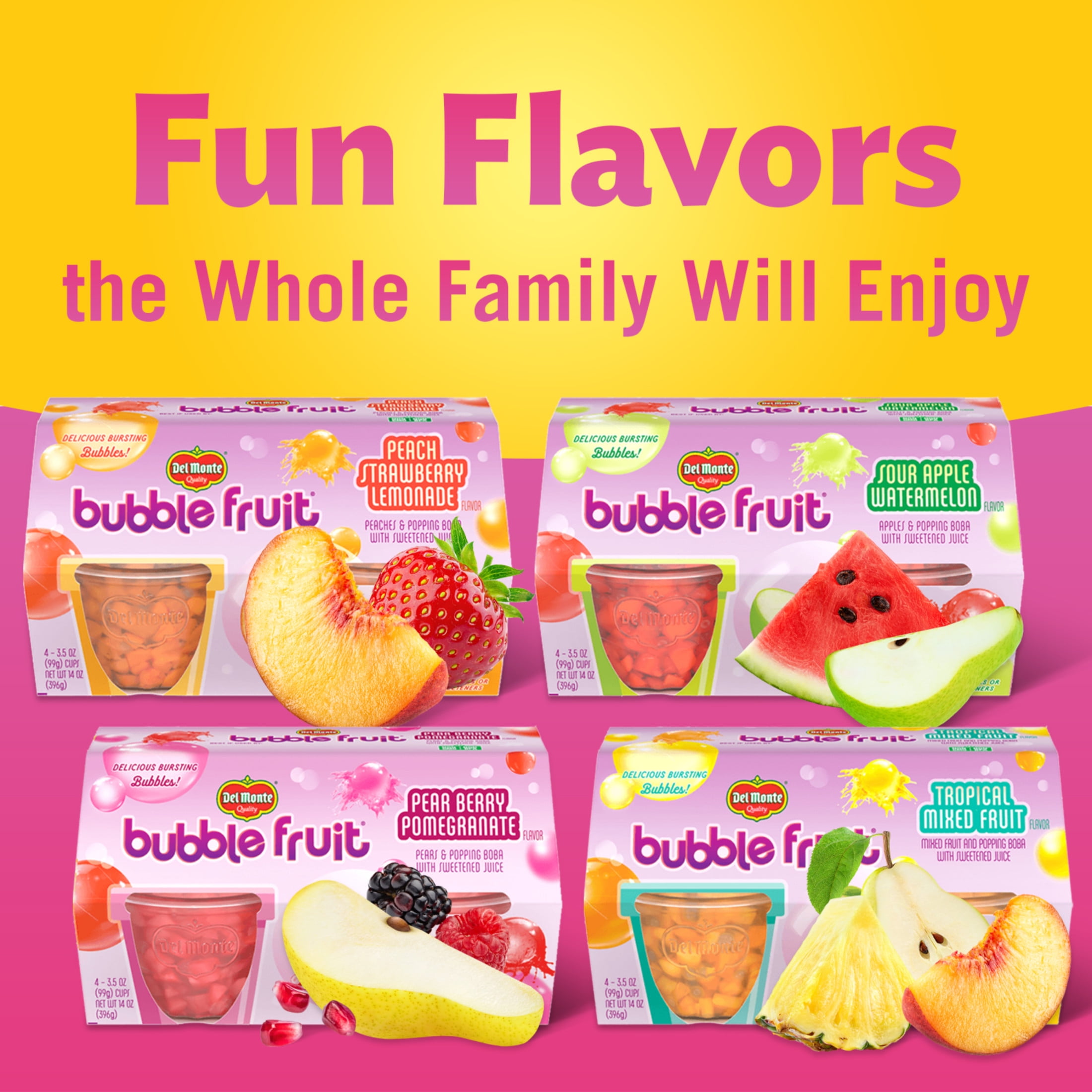 Del Monte Bubble Fruit Sour Apple Watermelon Fruit Cup Snacks 3.5 oz Cup (Pack of 4)