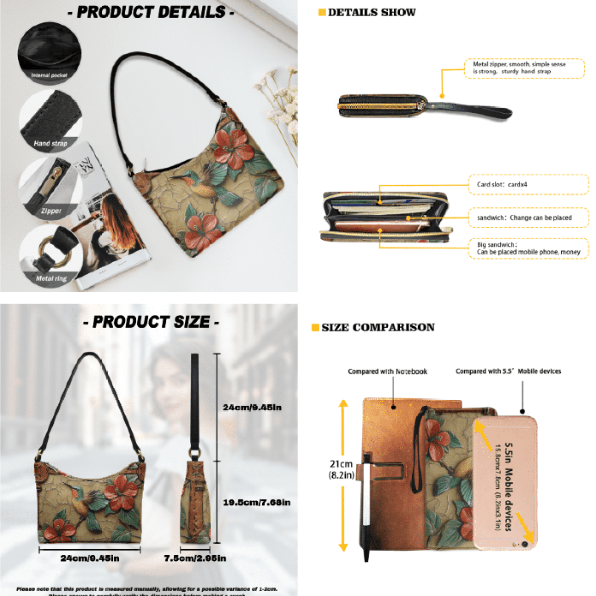 Tutolipy Tote Handbag Set for Women, with Lightweight Shoulder Wallet Durable Tote Bag Hobo Bag, 3 Pcs 3D Hummingbird Floral