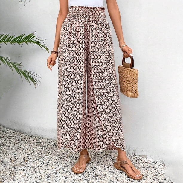 WILLBEST Pantalones Casuales de Mujer, Culotte de Pierna Ancha con Diseño Floral y Abertura Lateral para Un Uso Diario Cómodo. Grande