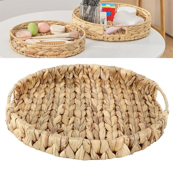 1Pack Round Woven Tray with Handles,QZS Water Hyacinth Serving Tray,Wicker Fruit Baskets,Natural Grass Weaving Tray,Tabletop Sundries Basket,for Home Kitchen Countertop 13Inch