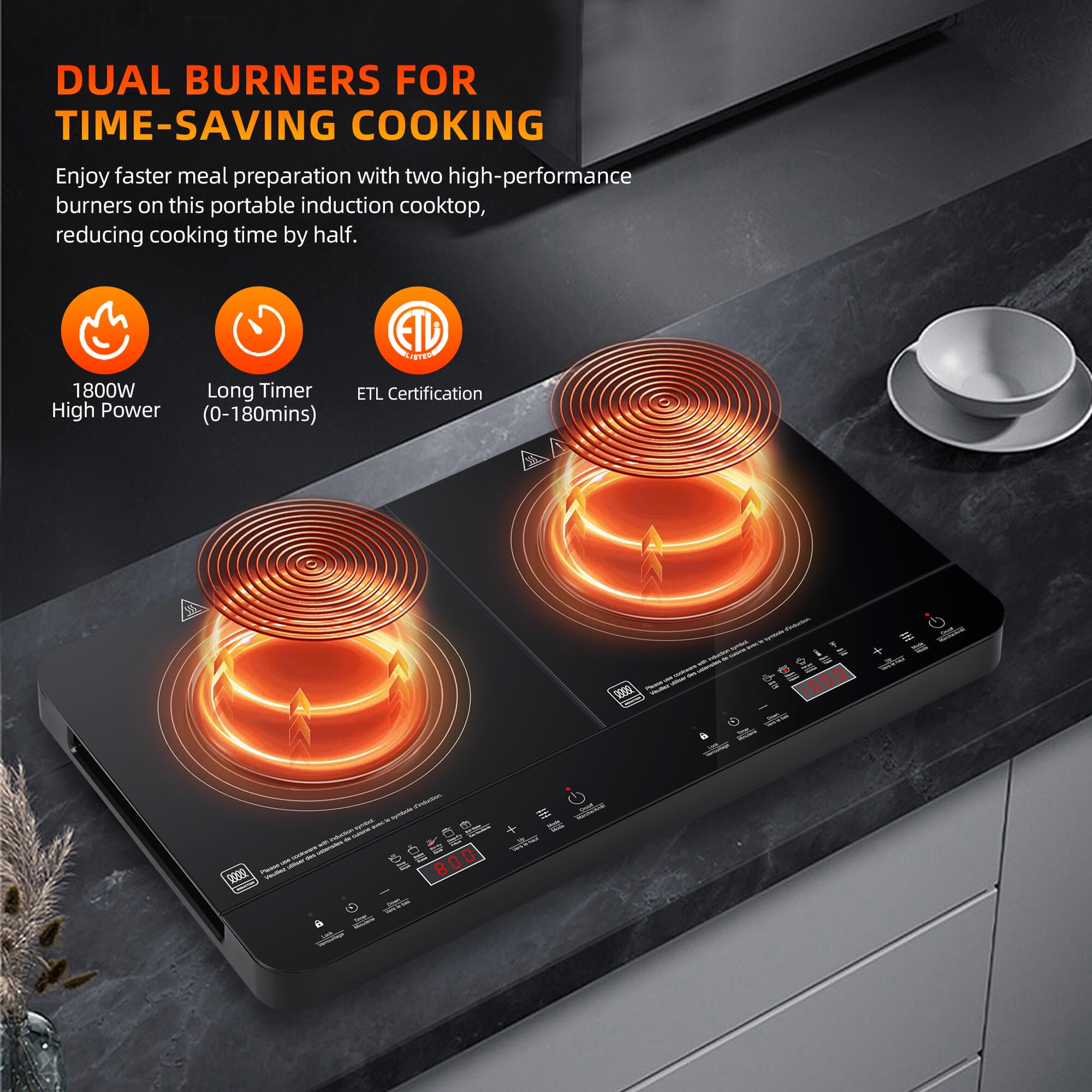 Double Induction Cooktop, Countertop Induction Cooker Burners, Electric  Cooktops with 1800W Sensor Touch, 10 Temperature Power Levels, Safety Lock