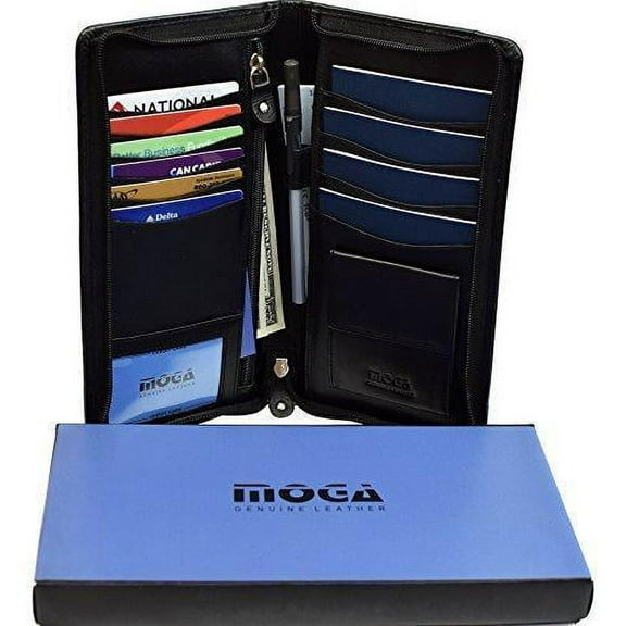 Moga Genuine Leather Zip-Around Travel Multiple Family Passport Holder Document Organizer Case Wallet (Black)