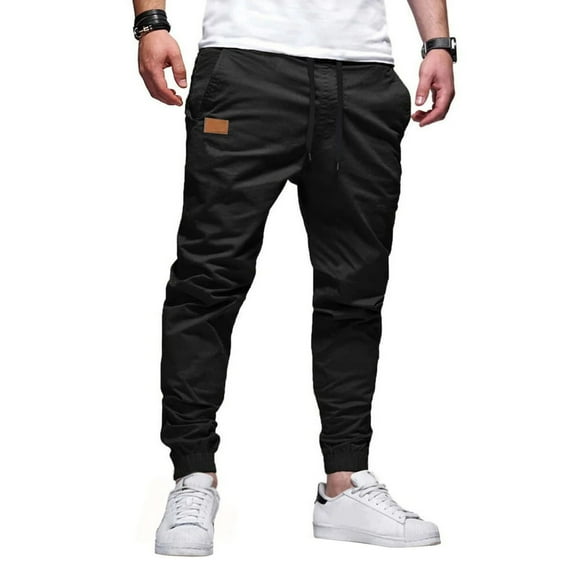 WTOBBY Men's Casual Activewear Relaxed Fit Athletic Pants, Drawstring Cuffed Leg for Sports Training and Gym Workouts, Breathable and Stretch Fabric,Black L