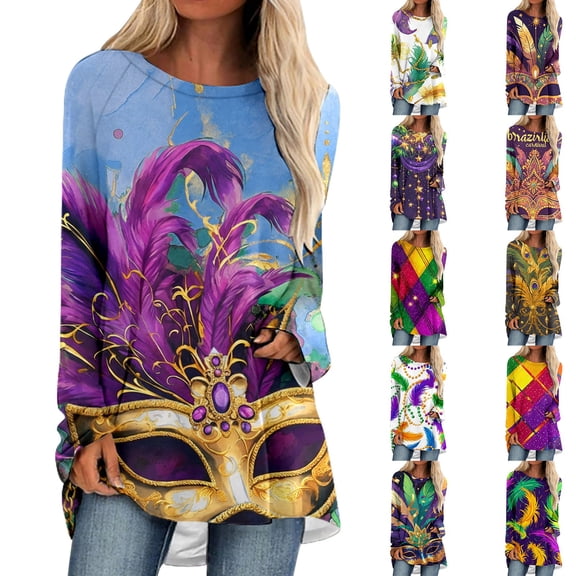 KKBOTIVE Mardi Gras Outfit for Women Fashion Carnival V Neck Pullover Long Sleeve Shirts Stylish Spring Clothes ( Rainbow Size: XXL )