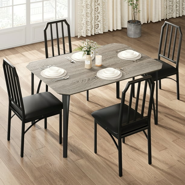 CazToi Juego de mesa de comedor de 5 piezas para 4, mesa y sillas de cocina que ahorra espacio con diseño de esquinas recortadas, superior de madera MDF y estructura metálica