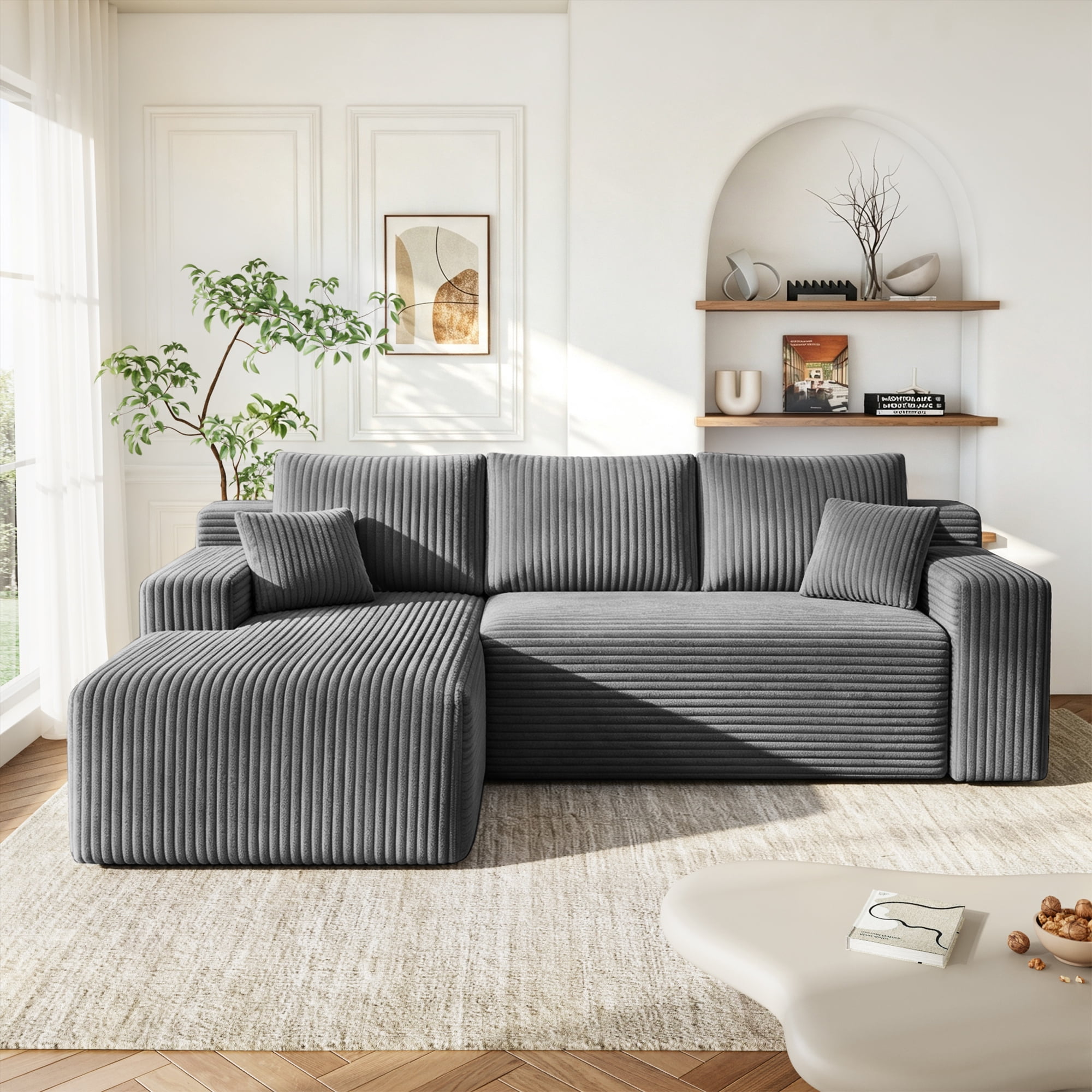 VKHCU 96" Modular Sectional Sofa for Living Room, Cloud Boneless Couches with Upholstered Deep Seat, L Shaped Couch with Chaise, Plush Corduroy Fabric, Gray, Left Facing Chaise, No Assembly