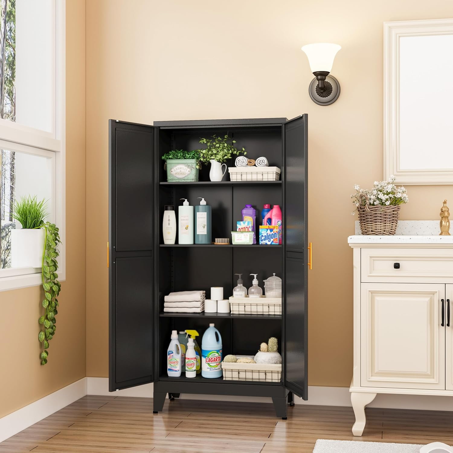 Metal Storage Cabinet With 2 Doors and 3 Adjustable Shelves, Black Kitchen Pantry for Food, Utility Cabinet for Laundry Room, Cupboard
