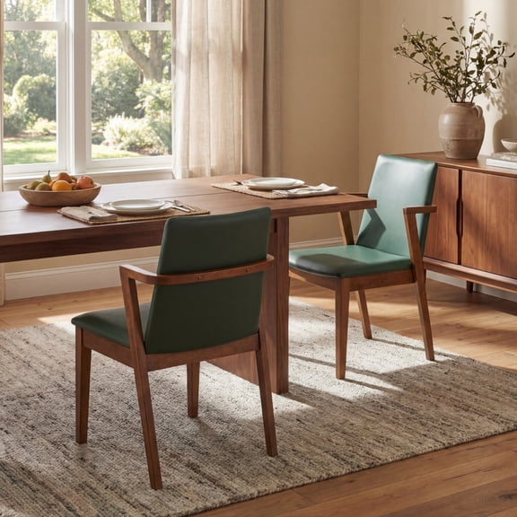 Gearwell Upholstered Dining Chairs, Set of 2 Mid-Century Modern Green PU Leather Armchairs with Walnut Rubberwood Frame, 250 lb Kitchen Side Chairs for Dining Room