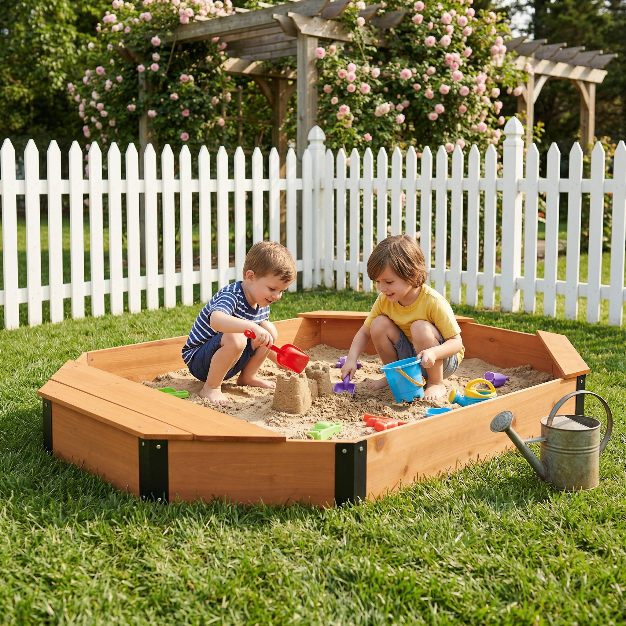 Aukfa Octagonal Wooden Sandbox with Cover and Foldable Bench Seats, Outdoor Backyard Sandpit for Kids,Brown