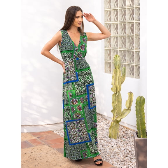 Womens Geometric Print V-Neck Maxi Dress