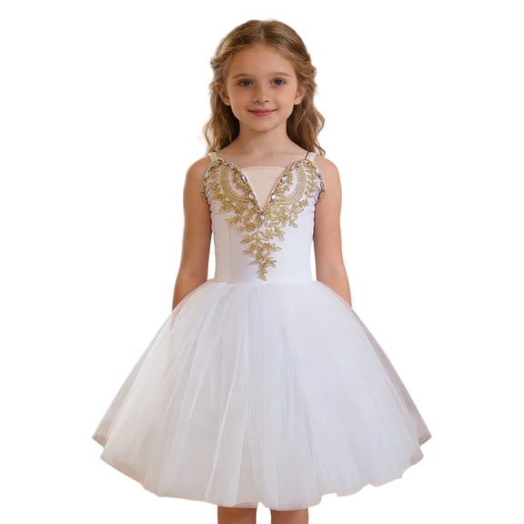 KHONTS Girls Cami Dance Dress Tutu Performance Long Tulle Dress,Size 3-15 Years White 160