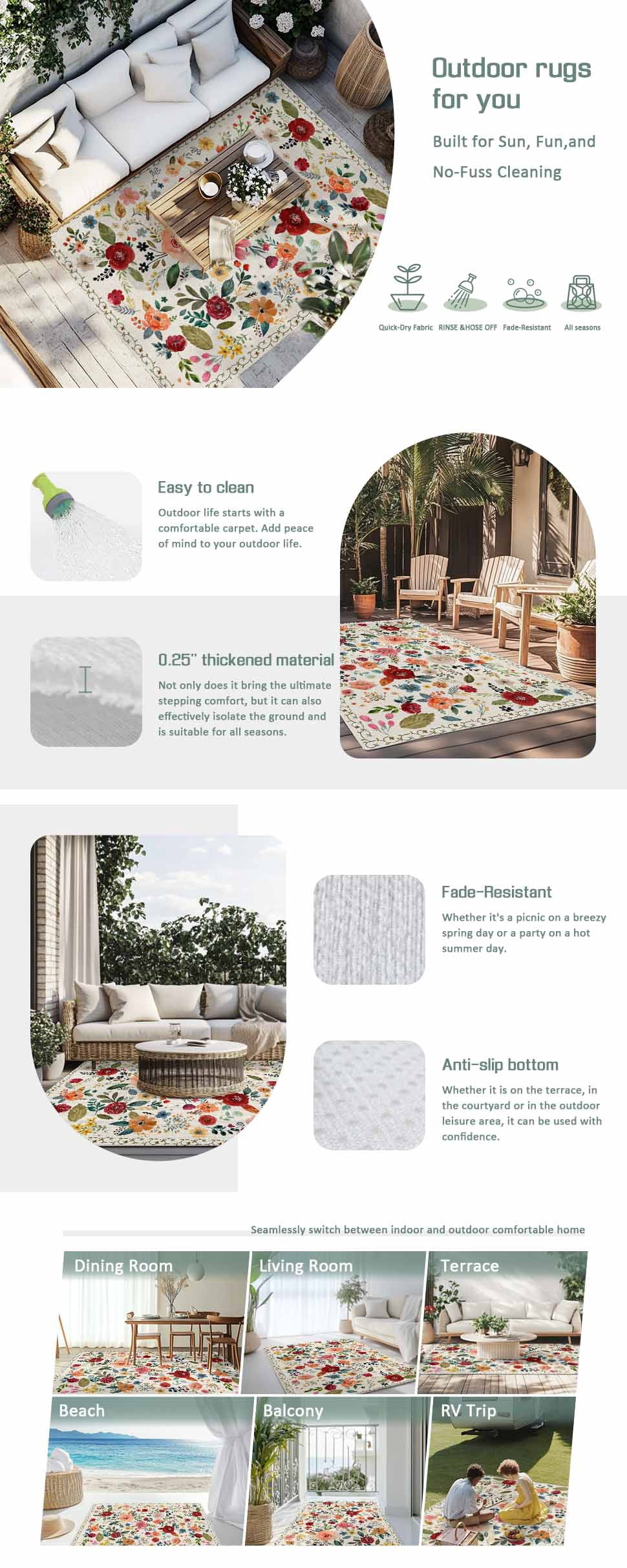 Watercolor Flowers Outdoor Rug for Patio/Deck/Porch, Non-Slip Large Area Rug 6 x 9 Ft, Rustic Spring Floral Botanical Beige Indoor Outdoor Rugs Washable Area Rugs, Camping Rug Carpet Runner