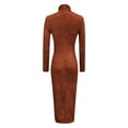 thumbnail image 3 of Women’s Faux Suede Bodycon Dress High Neck Ruched Slim Fit Vintage Midi Dress Color Brick Red Size XL, 3 of 5
