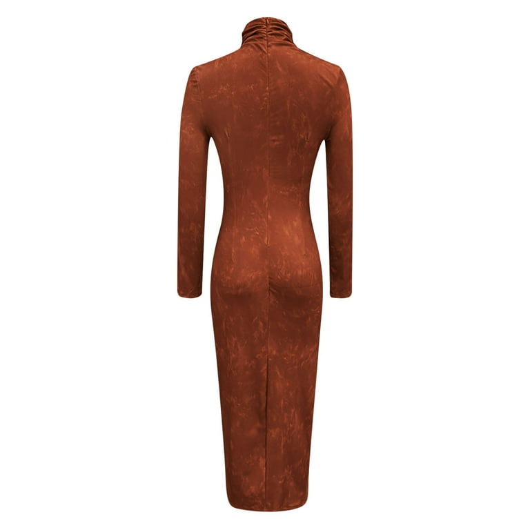IWRICH Women's Bodycon Faux Suede Dress Turtleneck Ruched Slim Waist Long Sleeve Vintage Midi Dresses Coffee S IWRICH Women's Bodycon Faux Suede Dress Turtleneck Ruched Slim Waist Long Sleeve Vintage Midi Dresses Coffee S