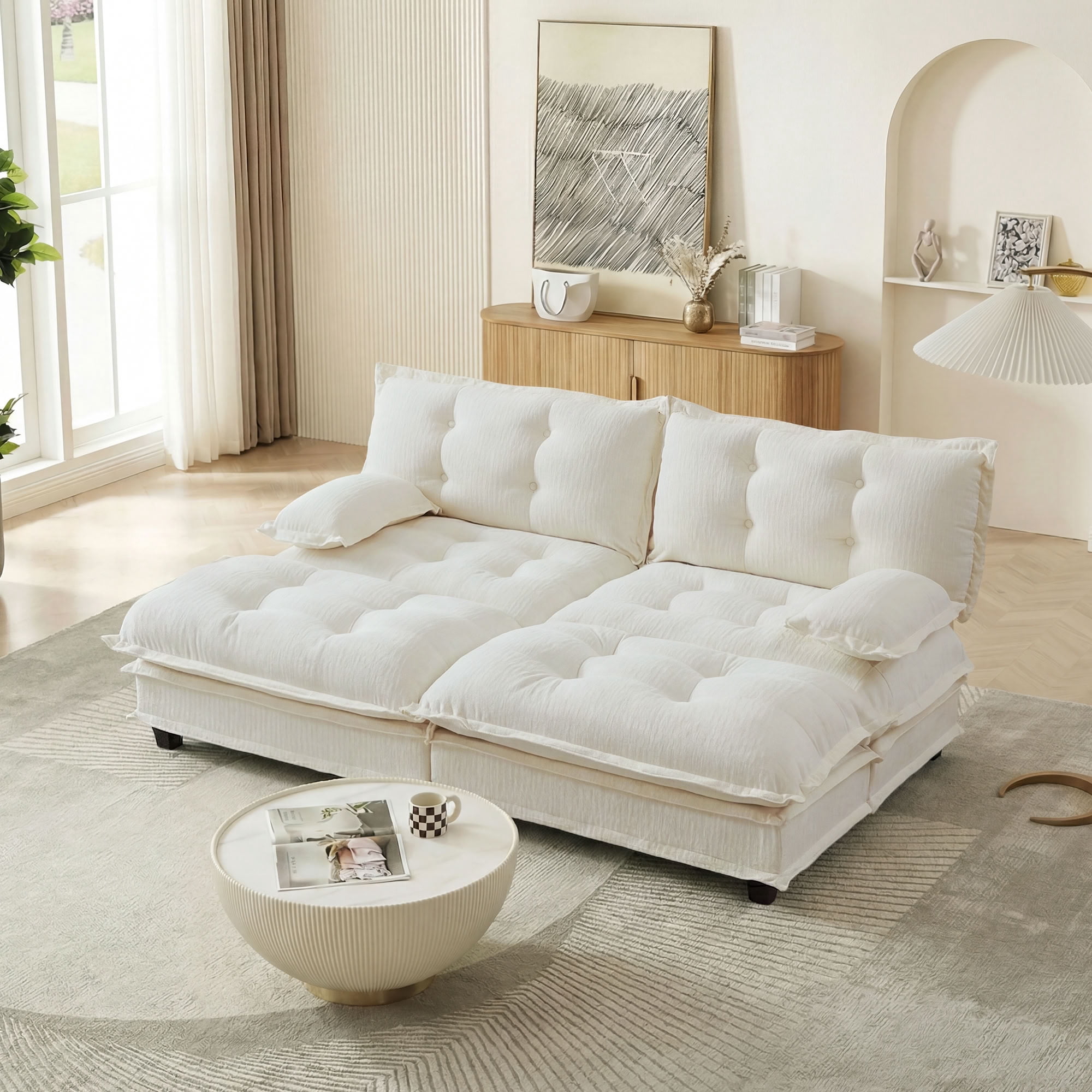 MAYEERTY 77" Cloud Modular Sleeper Sofa with Dual Ottomans, Chenille 2-Seat Sectional Couch for Home & Small Apartment