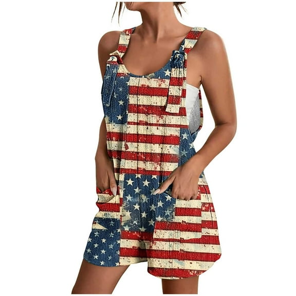 Youyipin Womens Summer Shorts Print Romper Shorts Lace Up Independence Day Jumpsuit With Pocket For Women