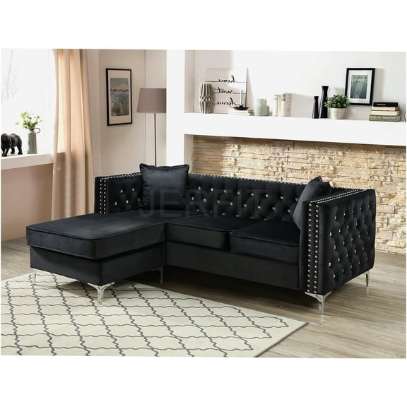 JERFIT Modern Velvet Sofa Chaise Lounge with Tufted Back and Chrome Legs for Small Spaces