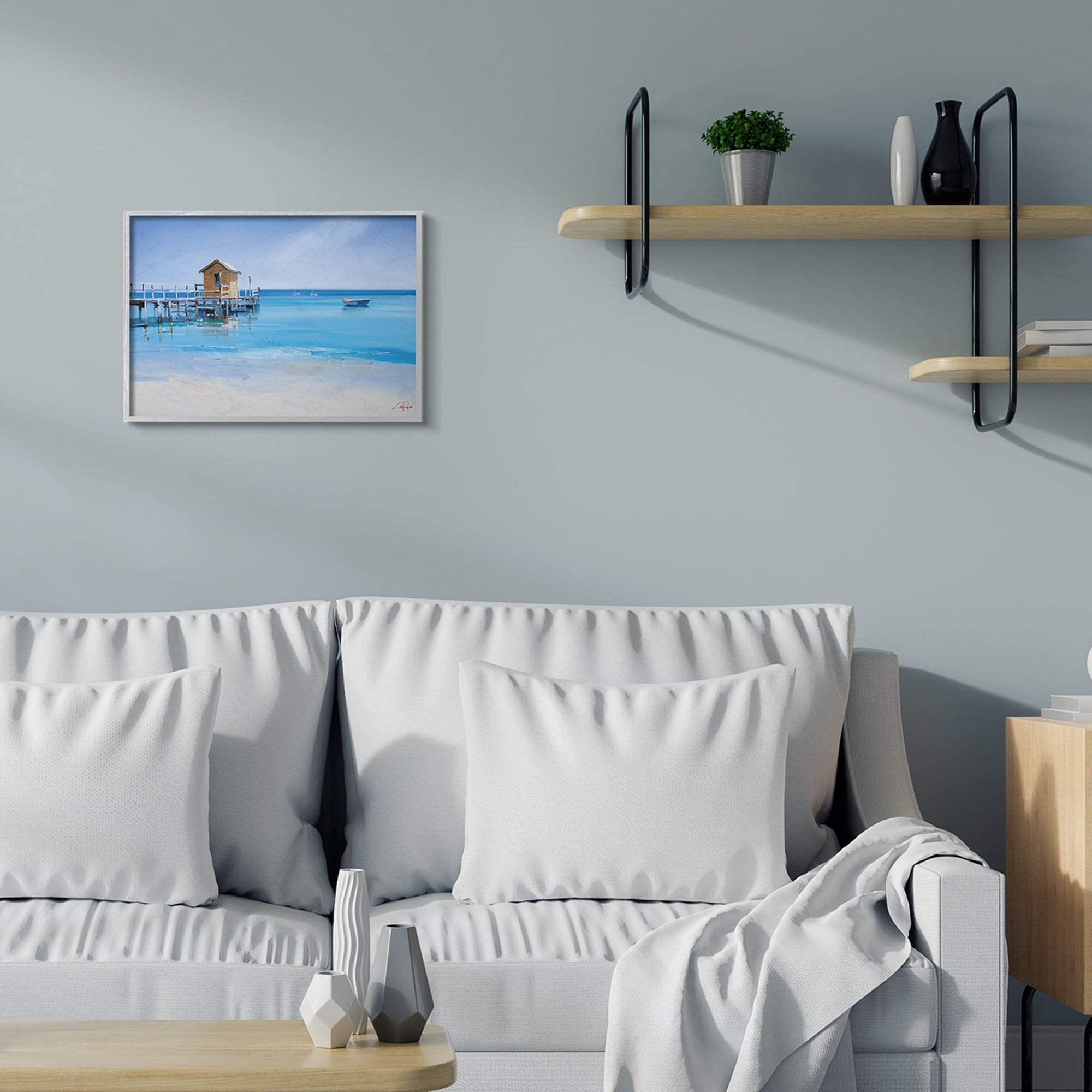 Stupell Industries Yellow Shack on Beach Wharf Sandy Coast Black Framed, 16 x 20, Design by Craig Trewin Penny