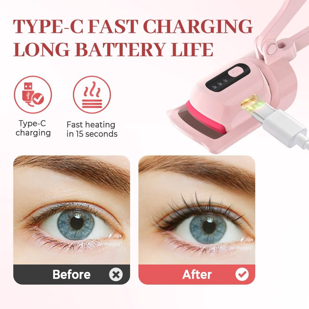 Quick Natural Curls Heated Eyelash Curler - USB Rechargeable, 3 Heat Modes with LCD for Long-Lasting Volume