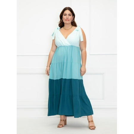 ELOQUII Elements Women's Plus Size Coloblocked Tiered Maxi Dress
