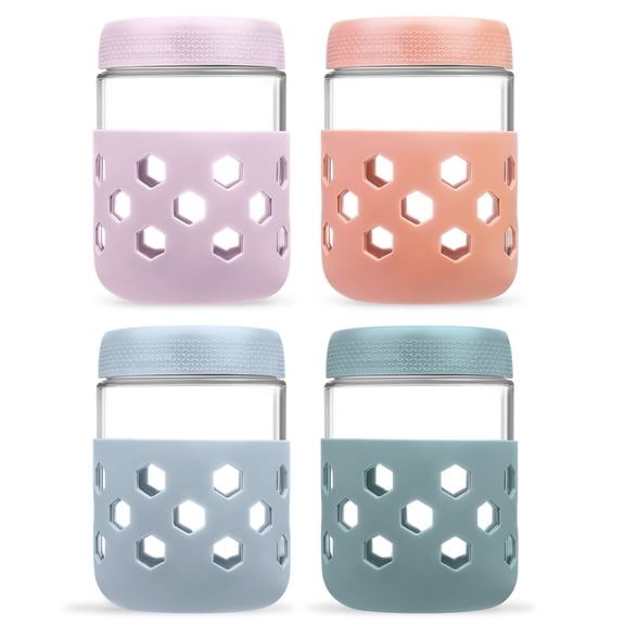 Mrsdry 4-Pack Overnight Oats Containers with Lids & Silicone Sleeve, 16 oz Glass Chia Pudding Jar with Airtight Lid, Mason Meal Prep Jar, Freezer Safe