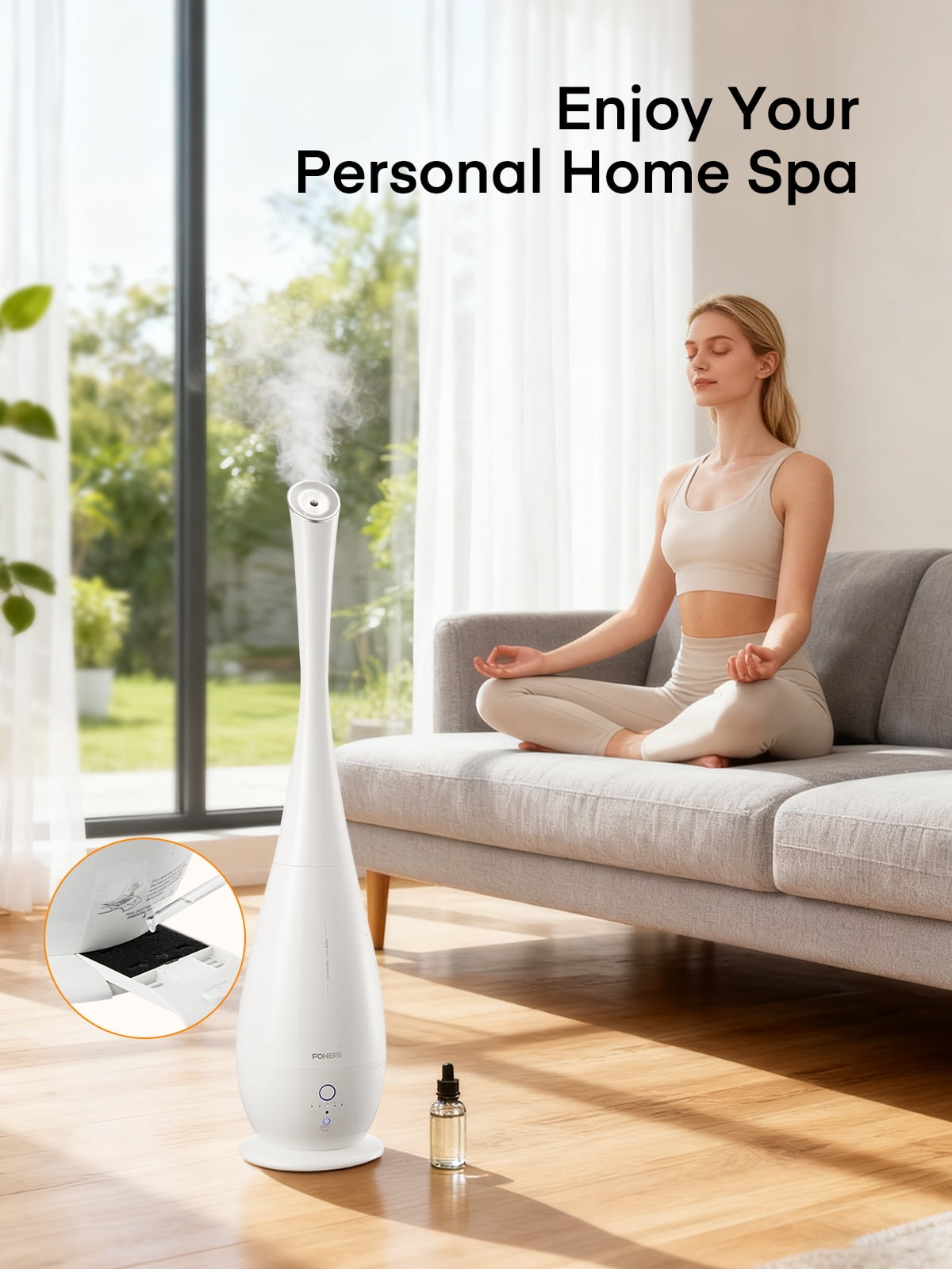 FOHERE 5L Ultrasonic Cool Mist Tower Humidifier, Smart Humidity Sensor with Remote, 48H Runtime Quiet Baby Bedroom Humidifier, Essential Oil Diffuser for Large Room Home Office, 3 Mist Speed, White