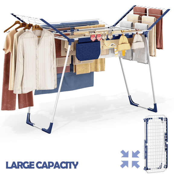 Clothes Drying Rack, KK KINGRACK Foldable Drying Rack with Large Space & Sock Clips, Laundry Rack with 4 Drying Wings, Indoor Outdoor, White