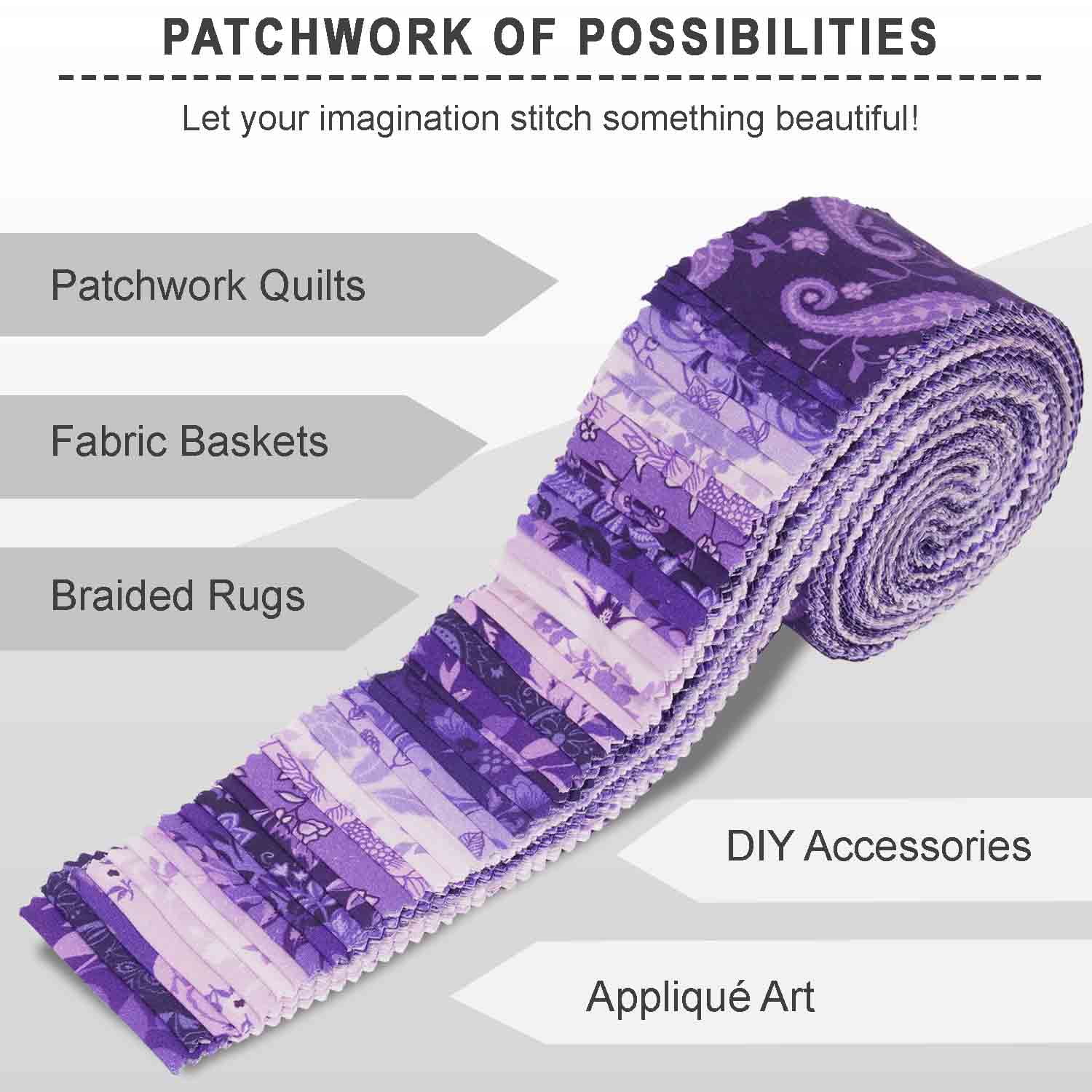 Jelly Roll 40 Strip Assorted Bundle, 2.5" Fabric Strips for Quilting, Crafting and Sewing, 100% Cotton Fabric Jelly Roll for Scrapbooking, Precut Quilt Projects, DIY Crafts - Purple Paisley Blooms