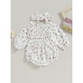 thumbnail image 3 of Infant Baby Girl Spring Jumpsuit Set Flower Print Off Shoulder Long Sleeve Romper + Bow Headband, 3 of 7