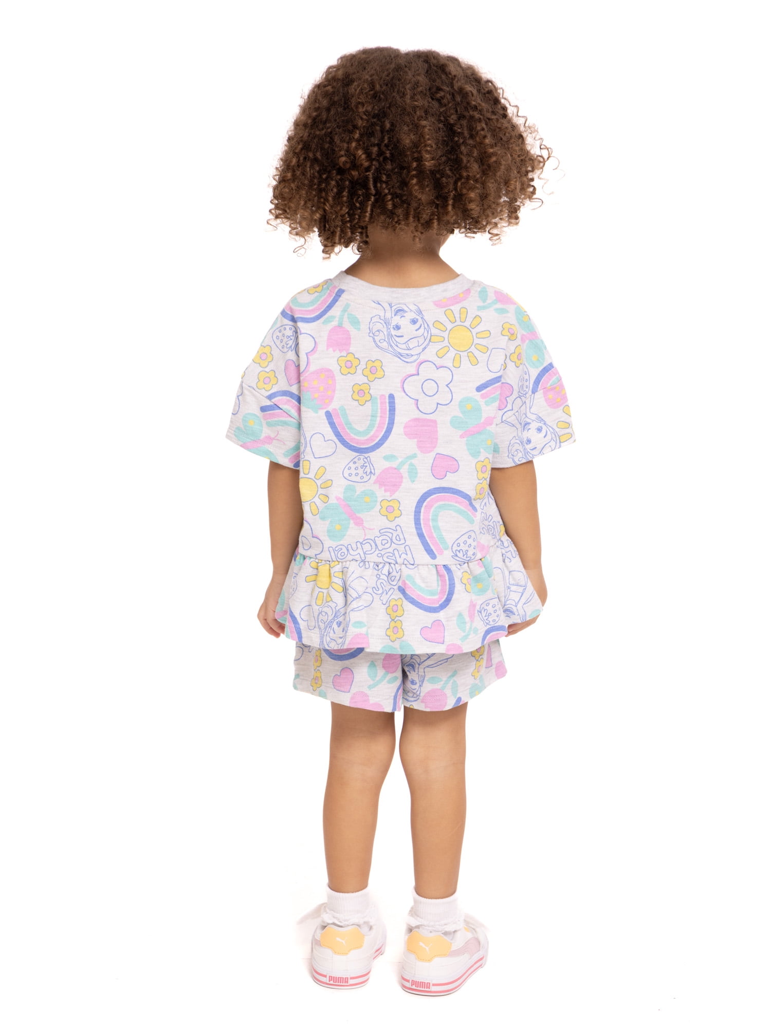 Ms. Rachel Toddler Girls' Short Sleeve Graphic Tee and Matching Ruffle Shorts Set, 2-Piece, Sizes 12M-5T